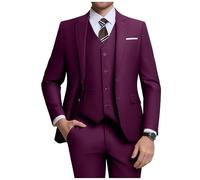 Holivyer Men's 3 Piece Slim Fit Suit Set, Two Button Blazer Solid Jacket Vest Pants Wedding Business Suit, Plum, Small