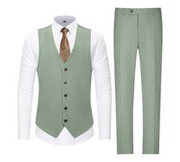 Holivyer Men's Casual Linen Suit Set 2 Piece Slim Fit Wedding Suits Prom Groomsmen Suit Tuxedos Beach Suits Vest Pants, Light Green, X-Large
