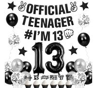 Holkcog 13th Birthday Decoration for Boys Girls,black Official Teenager 13th Birthday Party Banner Backdrop, Black 13 Number Ballons, Cupcake Topper, Thirteen Party Sign Photo Banner, Bruh I’m 13
