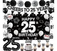 Holkcog Black 25th Birthday Decoration Supply, Cheers To 25 Years Banner Background, Black 25 Number Ballons for Party Wall Decorations, 25th Birthday Gift Women Men,Twenty-Five Anniversary Decor