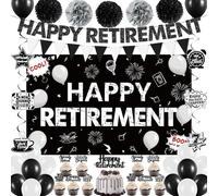 Holkcog Retirement Party Decorations, Black White Happy Retirement Banner Backdrop Paper Fan Hanging Swirls for Coworker, I'm Retired Cupcake Topper for Retiring Women Men Party Supply
