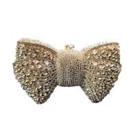 Hollow Bow Woman Evening Bag Wedding Bride Diamond Stone Purse Crystal Banquet Gala Party Dinner Handbag(Gold white)