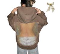 Hollow Mesh Back Hoodie Women's,Sexy See Through Long Sleeve Sweatshirt,Casual Crystal Mesh Long Sleeve Party Top (UK, Alpha, S, Regular, Regular, Brown)