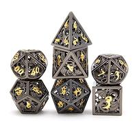 Hollow Metal DND Game Dice Dragon Design Black and Gold 7Pcs Set for Dungeons and Dragons RPG MTG Table Games D&D Pathfinder Shadowrun and Math Teaching (with Metal Case)