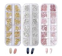 Hollow Out 3D Nail Charms 3 Boxes Gold Silver Rose Gold Nails Stuff for DIY Punk Art Metal Nail Accessories Decorations for Women Girls