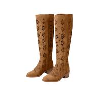 Hollow Out Knee High Boots for Women Block Heel Fashion Western Boots | Classic Stylish Slip on Boot Wide Fit Orthopedic Pointed Toe Punk Mid Calf Cowboy Booties for Autumn Winter Size 3-8