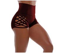 Hollow Out Shorts Womens High Waist Shorts Stretchy Tummy Control Scrunch Booty Short See Through Splice Rave Pole Dance Short Sexy Hot Pants Mesh Yoga Biker Pants for Dance Club Party Swim Wine