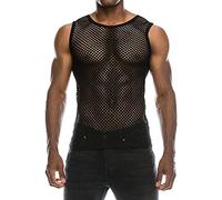 Hollow Out Vest for Men Novelty Fishnet Mesh Muscle Tank Tops Summer Gym Athletic Training See Through Sleeveless Tshirts Fashion Funny Sheer Transparent Undershirts Clubwear (Black, M)