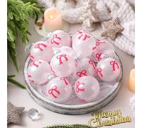 Hollowfly 12 Pcs White Christmas Ball Ornaments, Glitter Snowball Ornaments with Pink Bow Print, 2.36 Inch Shatterproof Plastic Hanging Balls for Farmhouse Christmas Tree Holiday Xmas Decorations