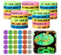 Hollowfly 60 Pcs/30 Sets Let Your Light Shine Glow in Dark Items Bulk, 30 Religious Silicone Bracelets with 30 Christian Glow Bouncy Balls for Church Sunday School Vbs Easter Party Favors