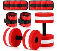 Hollowfly Water Aerobics Set, 4 Piece Pool Exercise Kit (2 Aquatic Dumbbells + 2 Ankle/wrist Weights), EVA Foam, Low-impact Workout(Red,1lb)