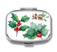 Holly and Red Fruits. Pill Box 2 Compartment Portable Medicine Pill Case Travel Pill Organizer for Pocket Purse