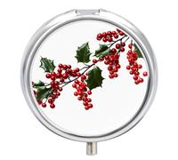 Holly Berry Branches Pill Box Case 3 Compartment Travel Medicine Pill Organizer 3x A Day Portable Vitamin Organizer with Mirror Small Pillbox for Purse & Pocket Cute Daily Medicine Container Metal Vit