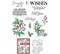Holly Christmas Clear Stamps and Cutting Dies Sets for Card Making | DIY Transparent Silicone Clear Stamp and Metal Die Cuts for Scrapbooking Paper Greeting Cards Decor Seals Craft Supplies
