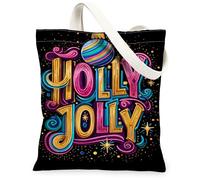 Holly Jolly Canvas Tote Bags, Festive Holiday Design Lightweight Washable Shoulder Strap Reusable Grocery Bags for Shopping Outdoor Travel 13x15 Inch