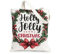 Holly Jolly Christmas Canvas Tote Bags, Festive Holiday Design Reusable Grocery Bags, Lightweight Washable Shoulder Strap C, White, 13x15 Inch