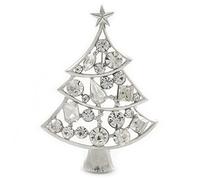Holly Jolly Clear Austrian Crystal Christmas Tree Brooch In Rhodium Plating - 65mm L