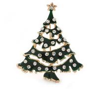 Holly Jolly Clear Crystal Dark Green Enamel Christmas Tree Brooch In Gold Plating - 55mm L