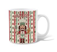 Holly Jolly Nutcracker Chef Christmas Ceramic Coffee Mug 11oz | Nutcracker Chef Character, Tea Cup, Gingerbread Man, Striped Background, Seasonal Kitchen Decor, Fanciful Holiday Style