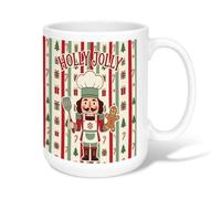 Holly Jolly Nutcracker Chef Christmas Ceramic Coffee Mug 15oz | Nutcracker Chef Character, Tea Cup, Gingerbread Man, Striped Background, Seasonal Kitchen Decor, Fanciful Holiday Style