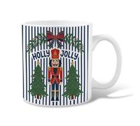 Holly Jolly Nutcracker Quote Christmas Ceramic Coffee Mug 11oz | Nutcracker Soldier, Tea Cup, Pine Tree Graphics, Navy Blue Stripes, Seasonal Sentiment, Traditional Winter Motif