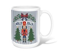 Holly Jolly Nutcracker Quote Christmas Ceramic Coffee Mug 15oz | Nutcracker Soldier, Tea Cup, Pine Tree Graphics, Navy Blue Stripes, Seasonal Sentiment, Traditional Winter Motif