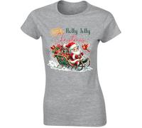 Holly Jolly Santa Sleigh Christmas Ride Ladies T-Shirt Festive Gifts Top Cute Bird Sport Grey - X-Large