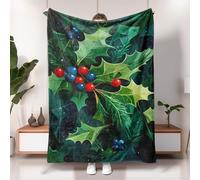 Holly Leaves and Berries Blanket, Green Holiday Fleece Throw Blanket, Cozy Soft Plush Winter Christmas Decor for Sofa, Camping, Travel, All Season 50x60 Inch