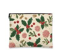 Holly Makeup Bag, Christmas Candy Cane Cosmetic Travel Pouch for Women, Portable Small Canvas Zipper Organizer, Holiday Skincare Toiletry Bag, Cream, 7x9 Inch, Holly