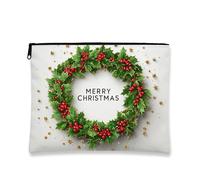 Holly Makeup Bag, Merry Christmas Cosmetic Travel Pouch for Women, Portable Small Canvas Zipper Organizer, Holiday Skincare Toiletry Bag, White, 7x9 Inch, Holly