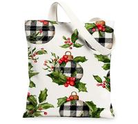 Holly Pattern Canvas Tote Bags, Holiday Ornament Design Reusable Shopping Bags, Rustic Lightweight Washable Shoulder Strap Canvas for Travel Picnic 13x15 Inch