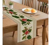 Holly Table Runner,Traditional Elegant Christmas Kitchen Dining Decor Table Runner for Home Family Dinners Holiday Party Supplies 13x72 Inch