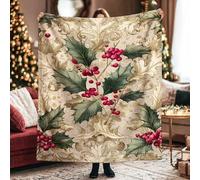 Holly Throw Blanket, Christmas Elegant Berries Leaves Xmas Red Plush Blanket Lightweight Compact Aesthetic for Couch Sofa Bed Lap Desk Dorm Work 50x60 Inch