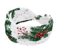 Holly Twigs with Red Berries Green Fir Trees Snow White Background Sports Headbands for Women, Elastic Sports Hair Bands Nurse Wide Turban for Workouts Yoga Gym Tennis