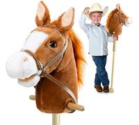 HollyHOME Stick Horse with Wood Wheel Real Pony Plush Hobby Horse Toy Brown