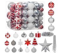Hollyone 100 Pcs Christmas Bauble Set with Star of Bethlehem, Assorted Shapes & Sizes Xmas Ornaments for Tree Decorations, Red White Silver Christmas Balls for Party, Centerpiece, New Year