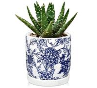 Hollyone 14CM Blue Ceramic Plant Pot, Chinoiserie Planter with Saucer and Drainage Hole, Decorative Garden Pot with Crackle Glaze, Handmade Flower Pottery for Succulent, Cactus, Herb, House Plant