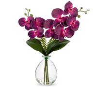 Hollyone 15'' Artificial Purple Orchid Flower in Vase, Fake Orchid Plant with Glass Vase, Decorative Faux Phalaenopsis for Wedding, Centerpiece, Bathroom, Living Room, Windowsill, Desk, Home Decor