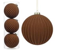 Hollyone 15CM Brown Velvet Christmas Baubles, 3PCS Large Xmas Balls for Tree Decorations, Vertical Striped Ornaments for Centerpiece, Wreath, Garland, Home Decor, Party