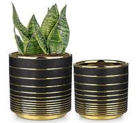 Hollyone 16CM 13.5CM Ceramic Plant Pots, 2PCS Plant Planter with Drainage Hole and Plug, Black & Gold Decorative Flower Pots, Decorative Pots for Succulents, Herbs, Blooms, Cacti, House Plant