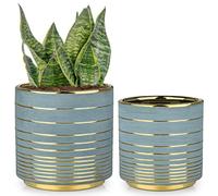 Hollyone 16CM 13.5CM Ceramic Plant Pots, 2PCS Plant Planter with Drainage Hole and Plug, Blue & Gold Decorative Flower Pots, Decorative Pots for Succulents, Herbs, Blooms, Cacti, House Plant
