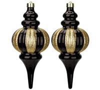 Hollyone 26x11cm Large Christmas Finial Bauble, 2PCS Black & Gold Xmas Ball for Christmas Tree Decorations, Glittery Stripe Baubles Giant Hanging Ornaments for Tree Decor, Wedding, Party, Wreath