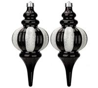 Hollyone 26x11cm Large Christmas Finial Bauble, 2PCS Black & White Xmas Ball for Christmas Tree Decorations, Glittery Stripe Baubles Giant Hanging Ornaments for Tree Decor, Wedding, Party, Wreath