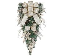 Hollyone 27" Christmas Swag for Front Door, Artificial Teardrop Swag with Ribbons, Berry Clusters, Xmas Baubles, Glittery Leaves, Champagne Gold Hanging Ornaments for Holiday