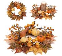 Hollyone 2PCS 35CM Artificial Pumpkin Wreath for Autumn Decorations, 13.5'' Fall Candle Wreath for Table Centerpiece, Maple Leaves Ornament for Front Door, Small Pumpkin Candle Ring for Pillars