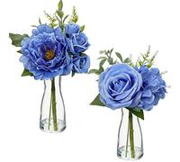 Hollyone 2pcs Artificial Flowers with Glass Vase, Realistic Roses Peonies Hydrangeas Mixed, Blue Fake Flowers in Vase with Faux Water for Wedding Centerpiece Home Decor Office Party Desk Decorations
