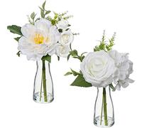 Hollyone 2pcs Artificial Flowers with Glass Vase, Realistic Roses Peonies Hydrangeas Mixed, White Fake Flowers in Vase with Faux Water for Wedding Centerpiece Home Decor Office Party Desk Decorations