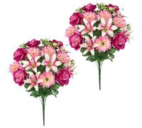 Hollyone 2PCS Artificial Grave Flower Bouquets, Hot Pink Silk Roses Chrysanthemum lilies, Fake Cemetery Ornaments for Graveside, Funeral Floral Bouquet for Outdoor Decorations