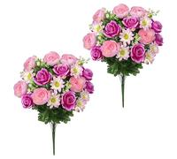 Hollyone 2PCS Artificial Grave Flower Bouquets, Hot Pink Silk Roses Daisies, Fake Cemetery Ornaments for Graveside, Funeral Floral Bouquet for Outdoor Decorations