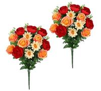 Hollyone 2PCS Artificial Grave Flower Bouquets, Red Orange Silk Roses Daisies, Fake Cemetery Ornaments for Graveside, Funeral Floral Bouquet for Outdoor Decorations